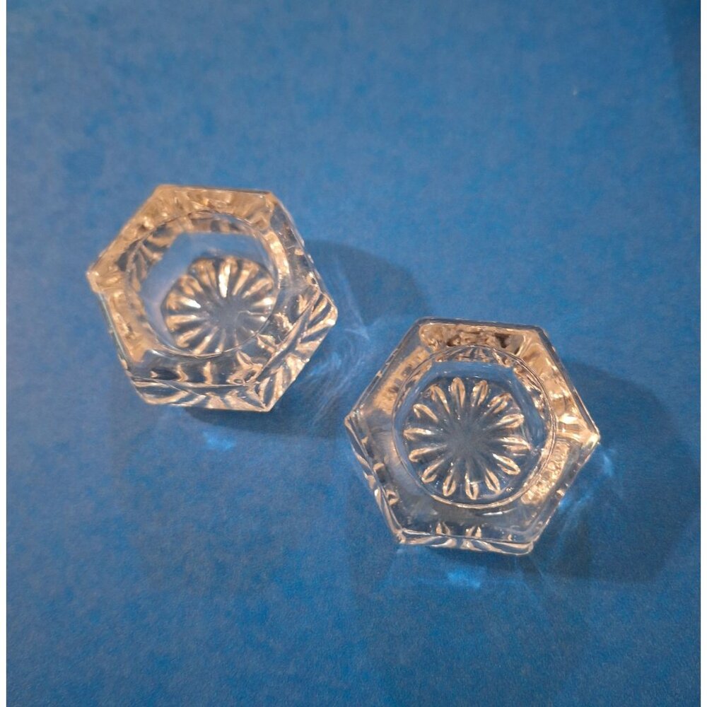 Vintage Salt Cellars Set Of 2 Hexagon Shape Clear Crystal Glass 1.5" Diameter